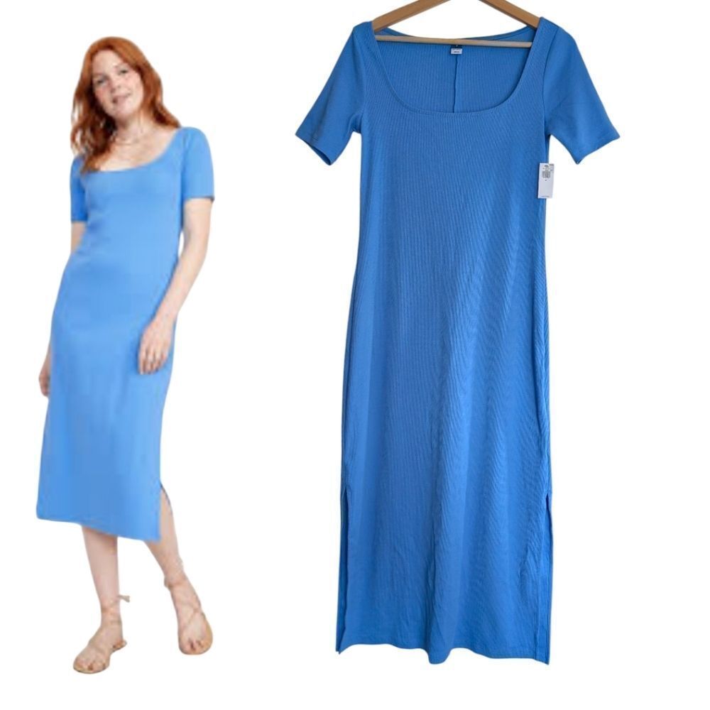 NWT Soft Blue cotton Rib-Knit Scoop-Neck Midi t shirt Dress Medium
